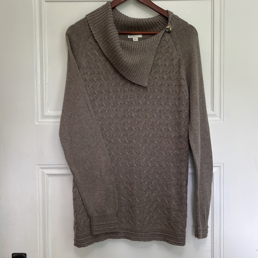 Cato Long Sleeve Split Cowl Neck Ragland Sweater Taupe L